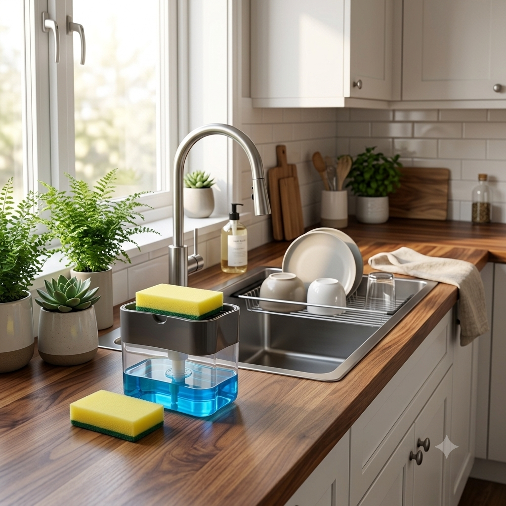 Countertop Liquid Soap Dispenser & Sponge Holder – Space Saving Kitchen Organizer