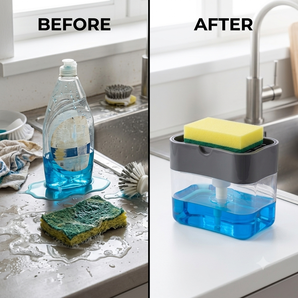 Countertop Liquid Soap Dispenser & Sponge Holder – Space Saving Kitchen Organizer
