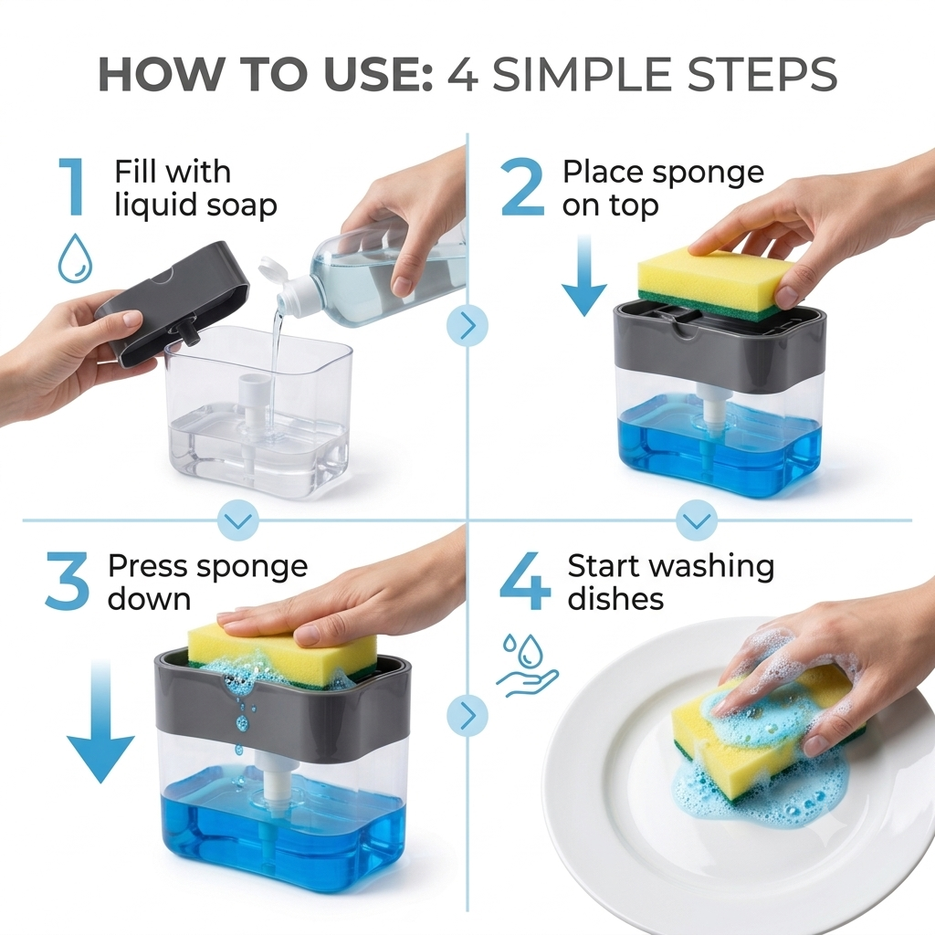 Countertop Liquid Soap Dispenser & Sponge Holder – Space Saving Kitchen Organizer