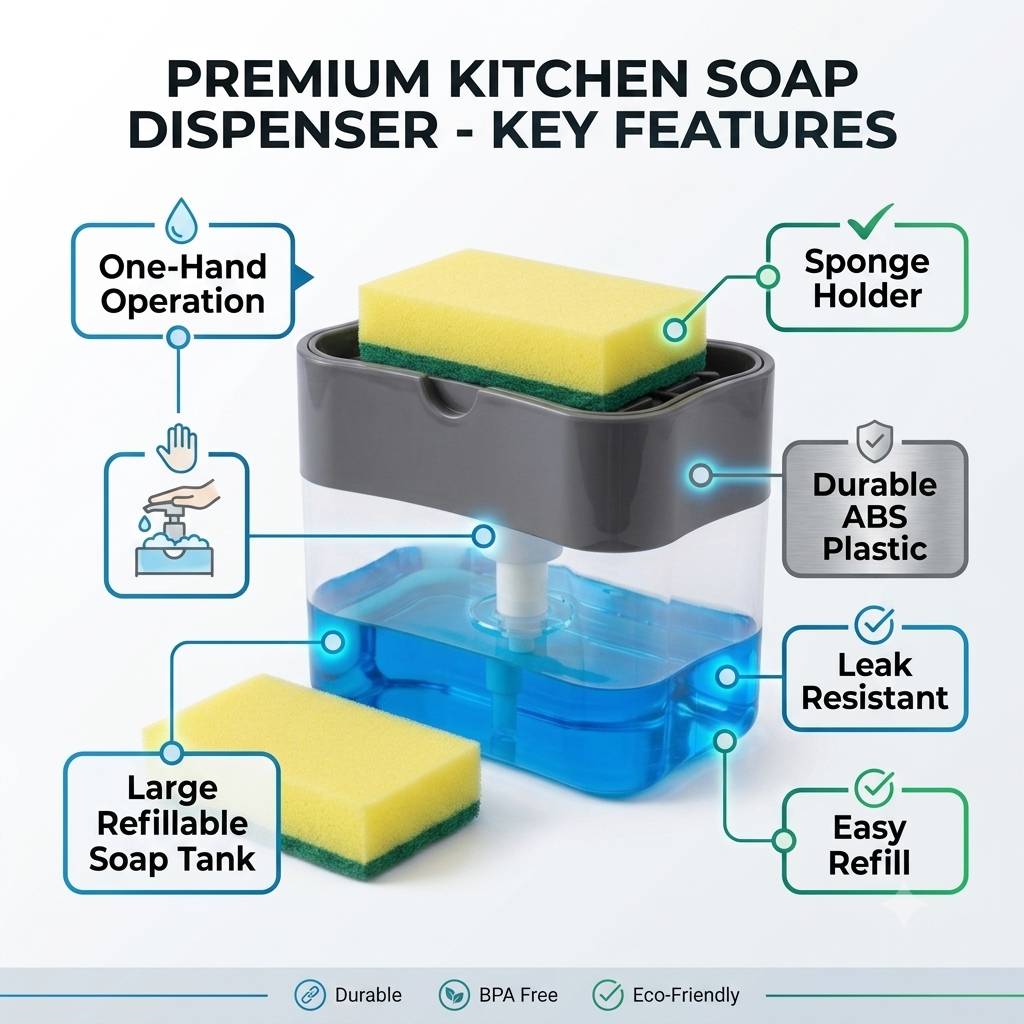 Countertop Liquid Soap Dispenser & Sponge Holder – Space Saving Kitchen Organizer