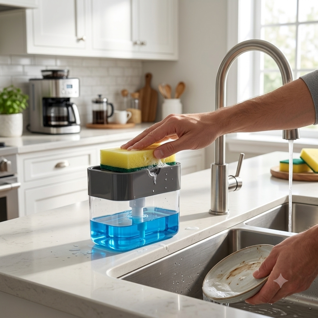 Countertop Liquid Soap Dispenser & Sponge Holder – Space Saving Kitchen Organizer