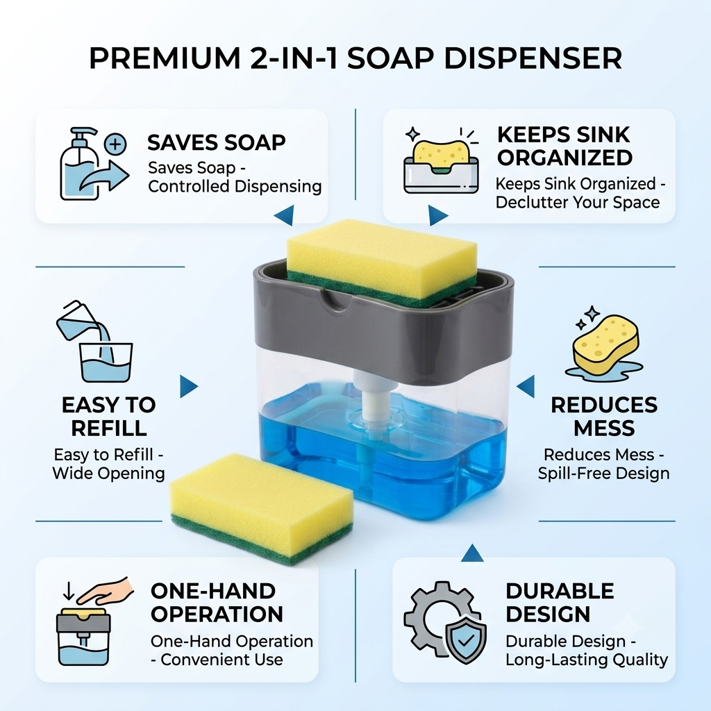 Countertop Liquid Soap Dispenser & Sponge Holder – Space Saving Kitchen Organizer