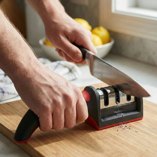 Manual red & black knife sharpener – 3-stage tool for ceramic & steel knives