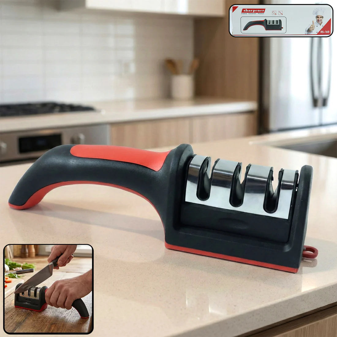Manual red & black knife sharpener – 3-stage tool for ceramic & steel knives