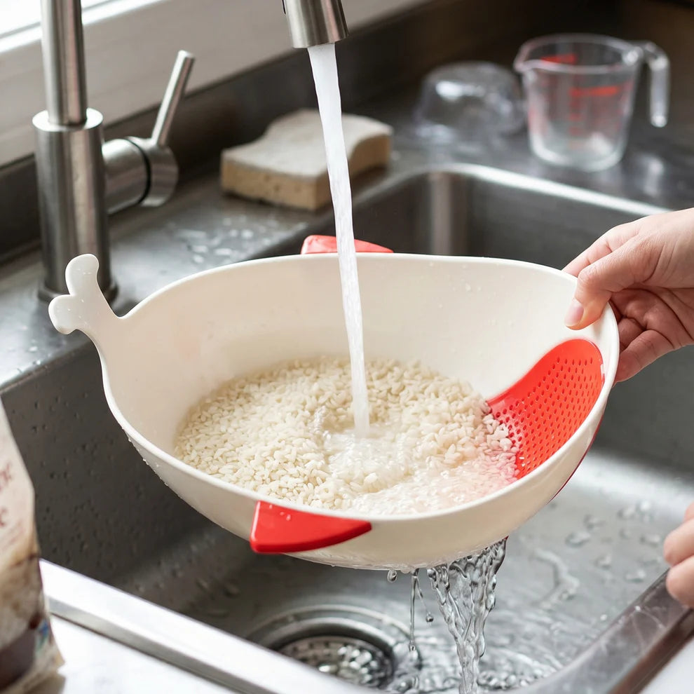 Multipurpose Rice & Vegetable Washing Bowl with Strainer – Plastic Drain Basket for Rice, Pulses, Fruits, Vegetables, Noodles & Pasta