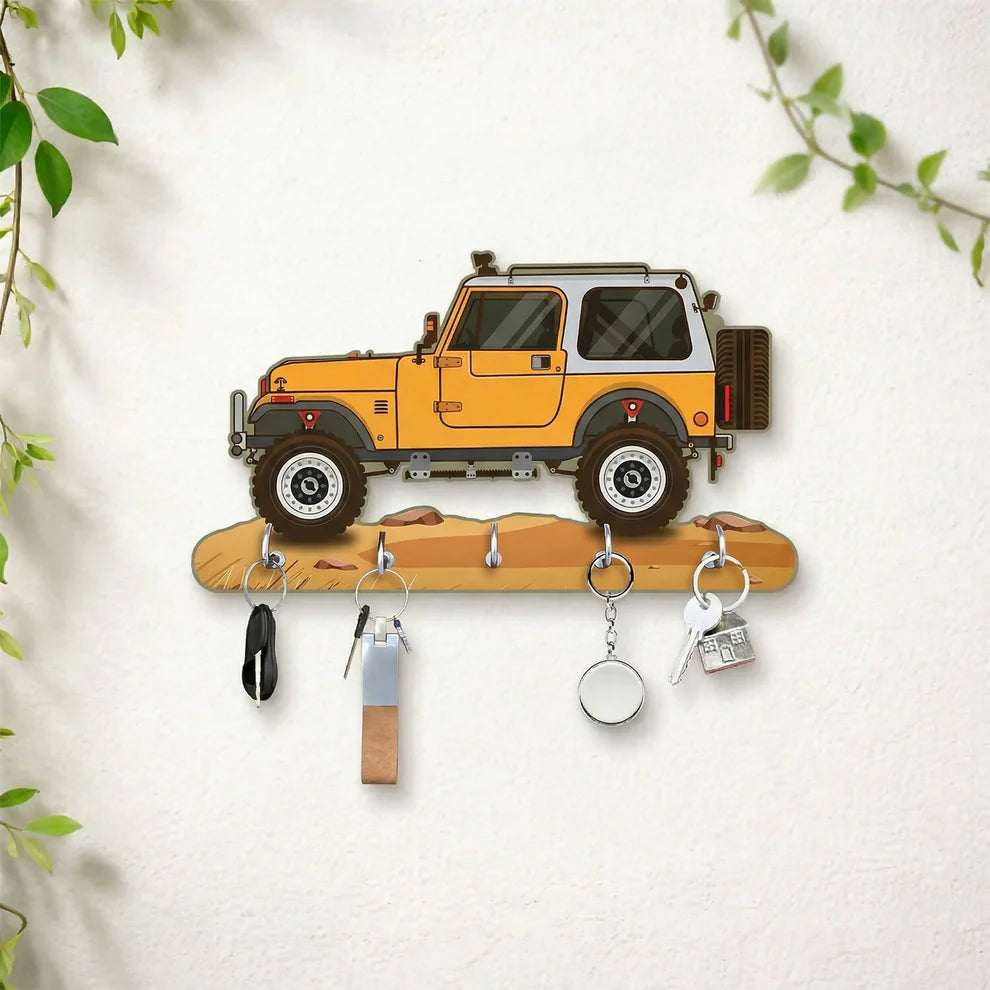 Jeep design wooden key holder with 5 hooks decorative wall key stand for home