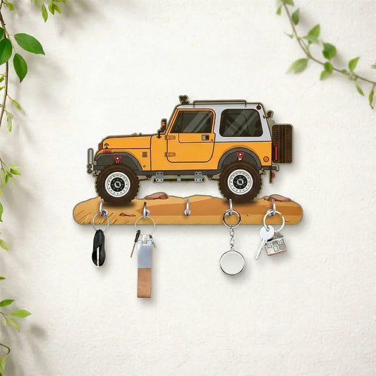 Jeep design wooden key holder with 5 hooks decorative wall key stand for home